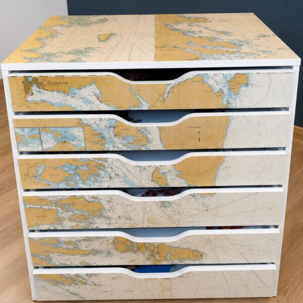 ikea alex hacks - drawer cabinet with vintage map decoupage