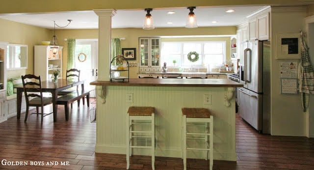 Kitchen island hacked with IKEA BILLY bookshelf, covered with beadboard