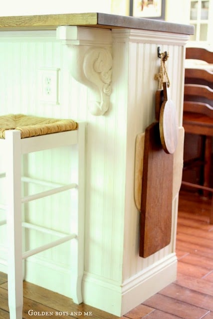 Kitchen island hacked with IKEA BILLY bookshelf, covered with beadboard