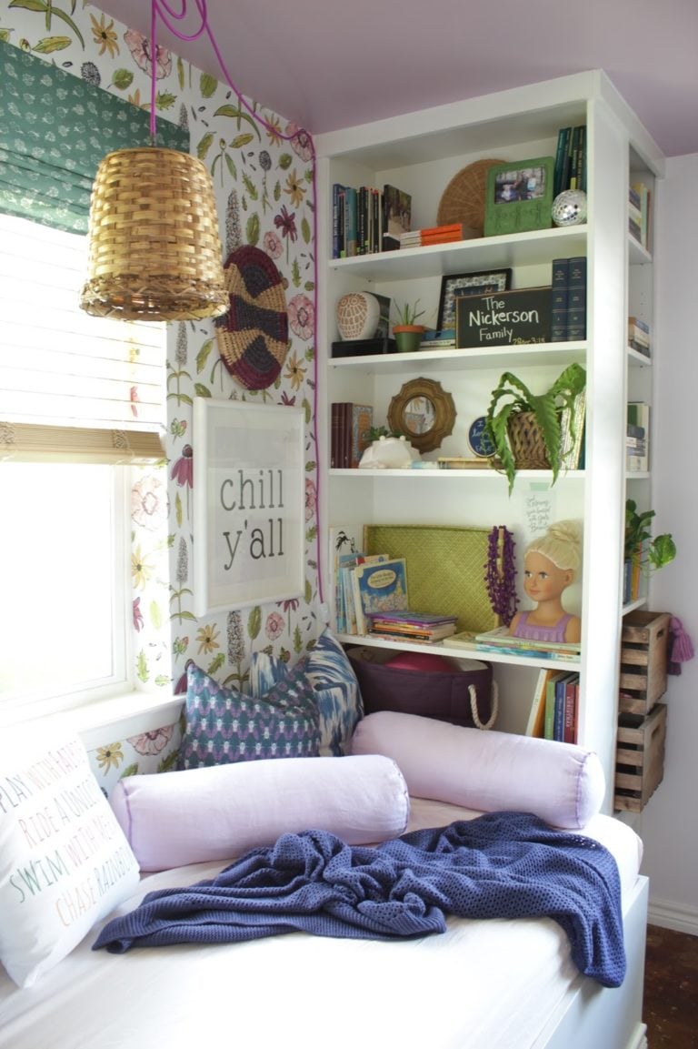 Daybed reading nook with IKEA bookshelves