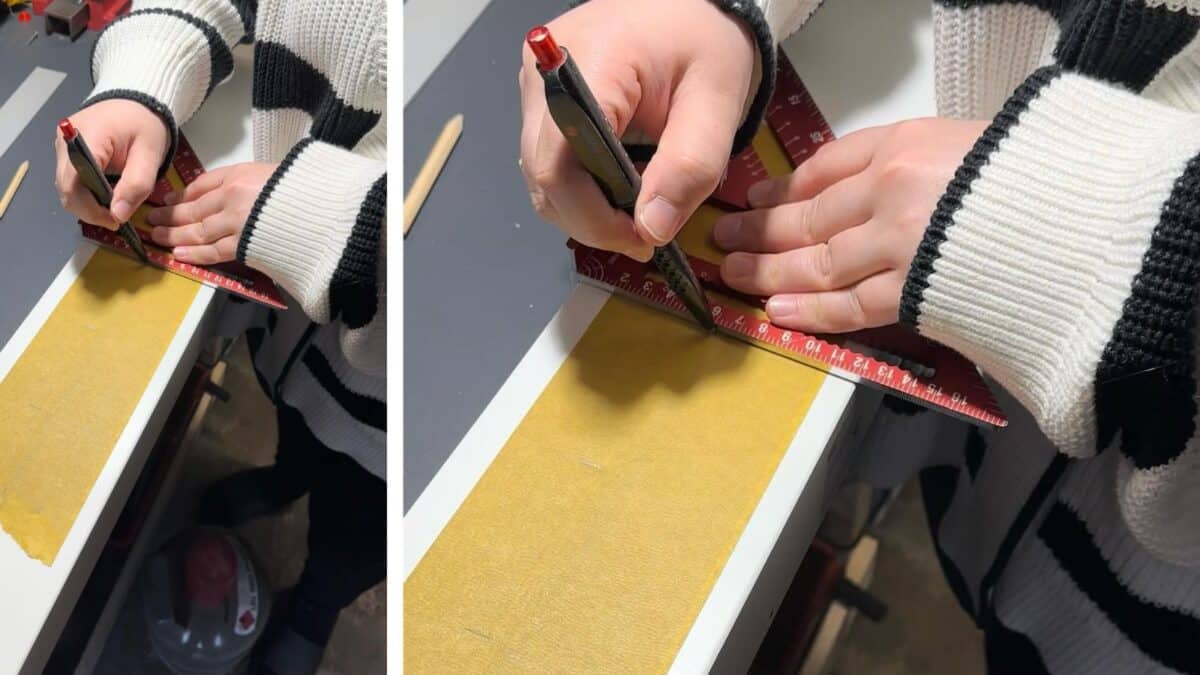 behind couch table with outlet DIY - mark the cutting lines
