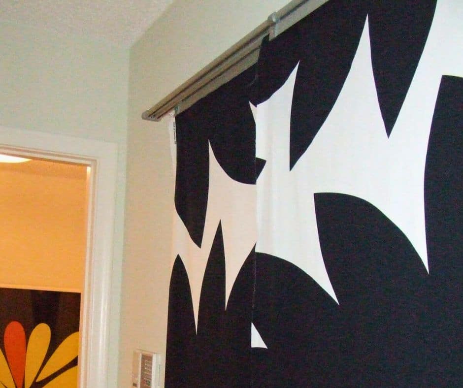 IKEA fabric curtain panel in white and black print