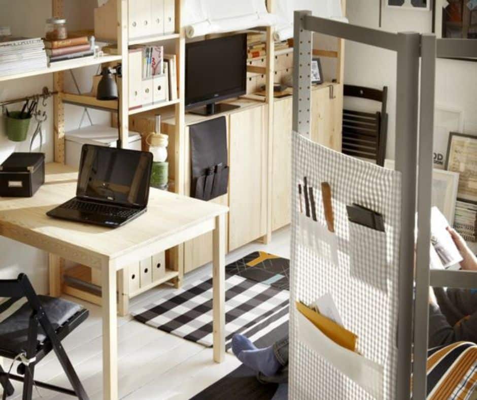 IVAR room divider with panel curtain, pockets for storage