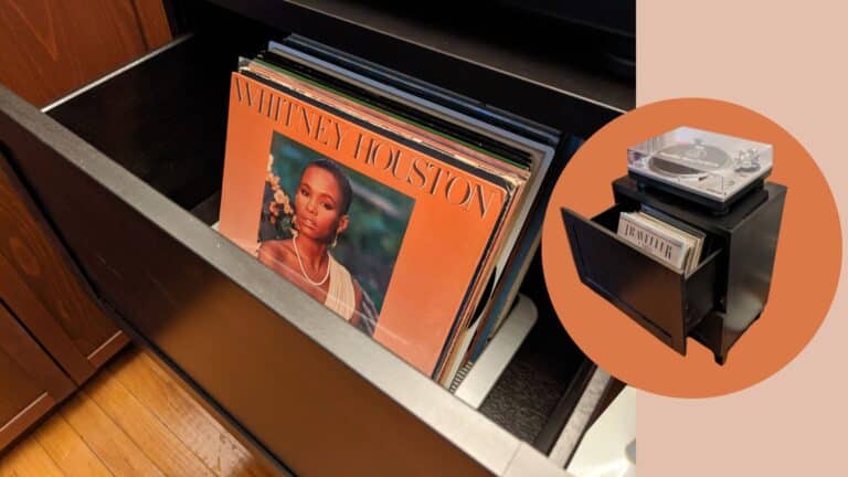 turntable stand and lp vinyl record storage cabinet with front facing albums