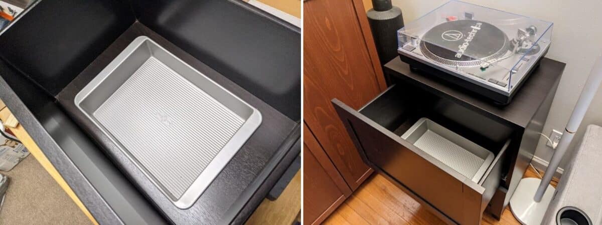 insert the pan into the cabinet drawer