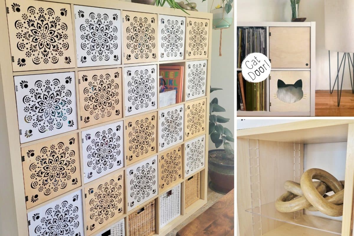 Collage of CleverCube laser cut kallax doors, door with cat door cutout and acrylic shelf inserts