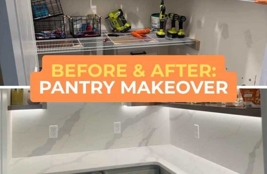Before and after of a pantry makeover using an IKEA KALLAX unit for open shelving, with custom cabinets and organized storage