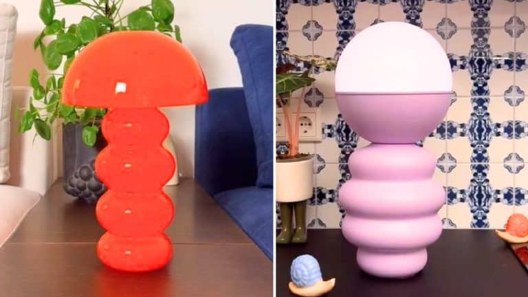 DIY retro lamps using IKEA vases and bowls. Vintage modern lamps with organic squiggly design in bright orange and pink