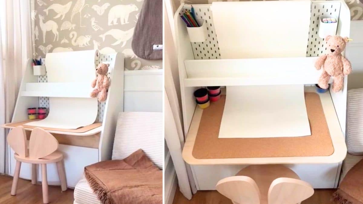 kid art desk - IKEA Hackers kids art desk station made from the ikea bergig book display unit