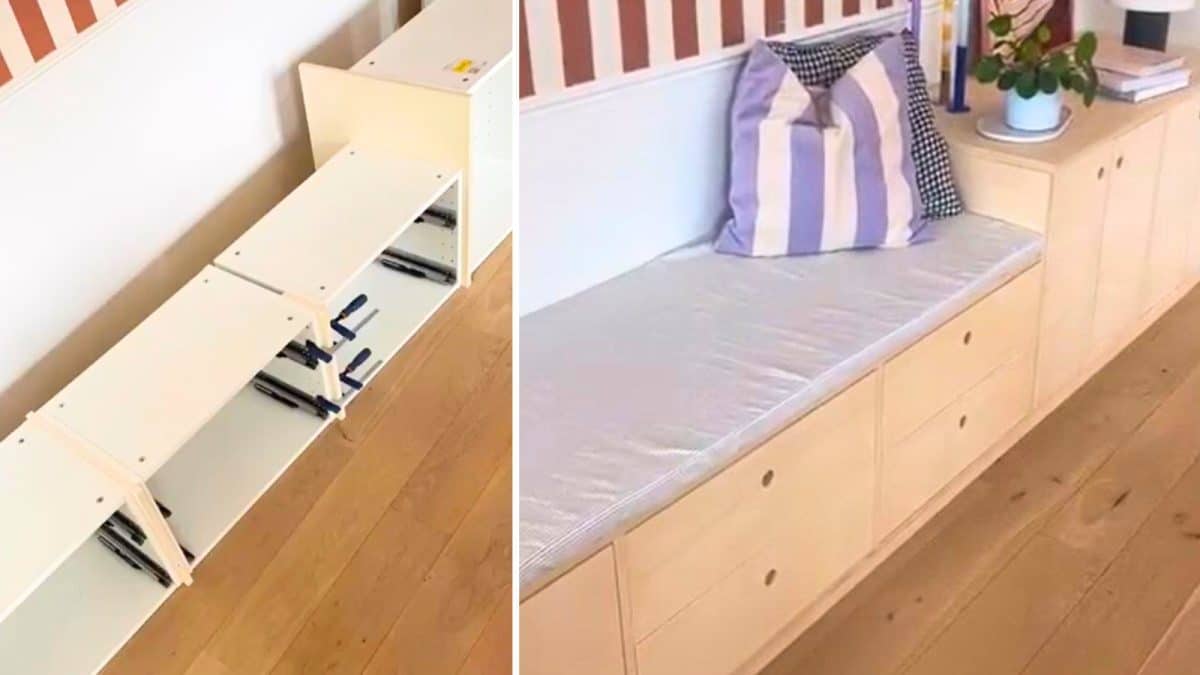 IKEA storage bench hack using kitchen cabinets. 