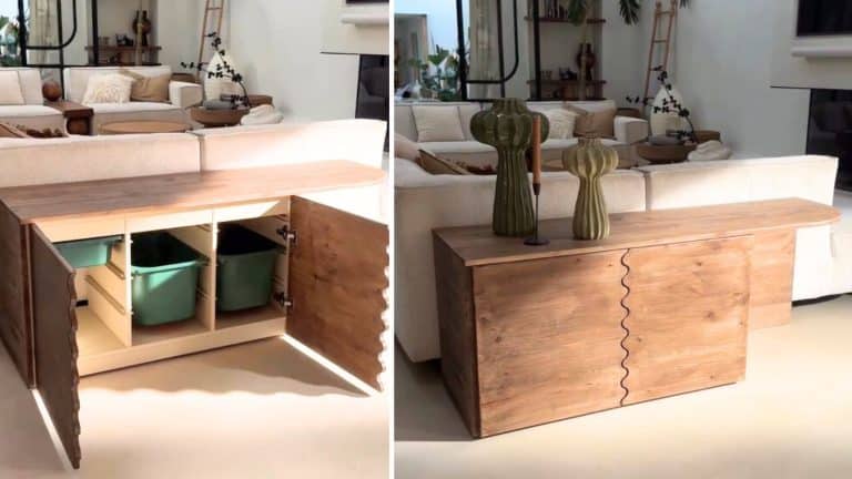 An IKEA TROFAST hack that incorporates a sofa console table and kids desk with storage in one