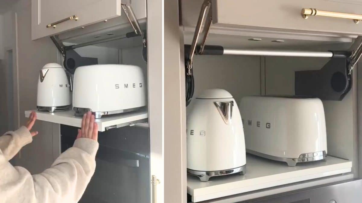 Appliance garage cabinet made from IKEA pull out shelf