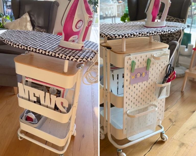 mobile ironing cart made from IKEA ironing board and cart