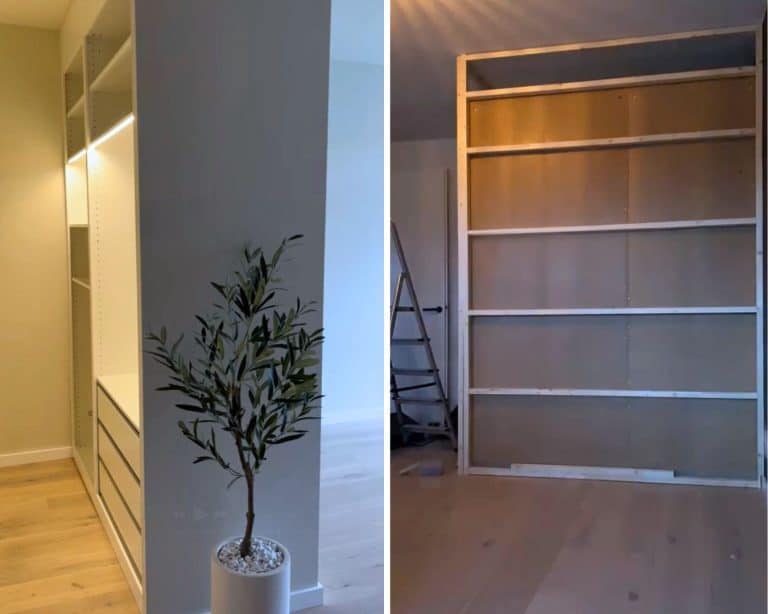 IKEA pax wardrobe used as a room divider and closet. The wardrobes in the room creates a walk in closet