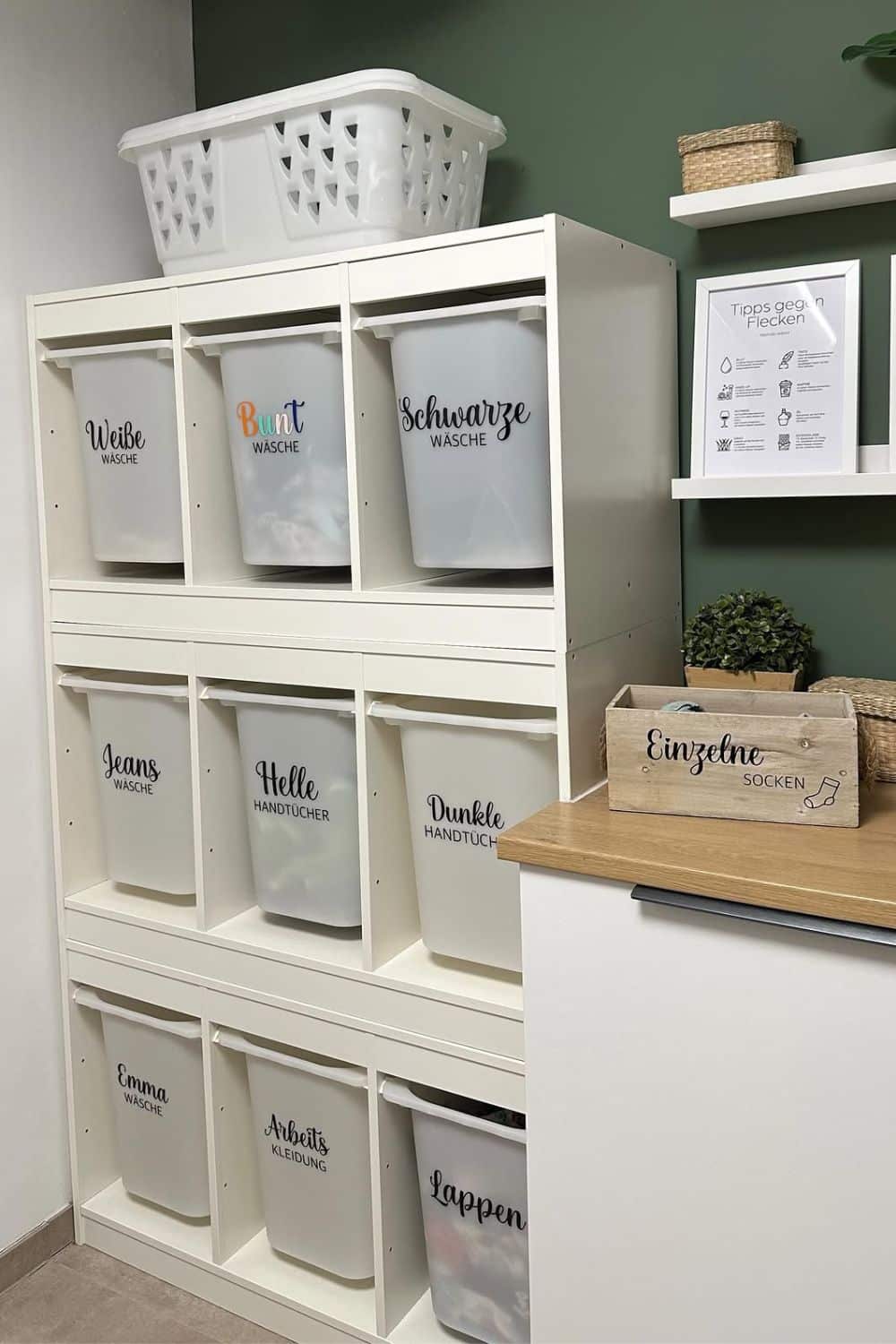 laundry room ideas - laundry bins with labels for different washing settings