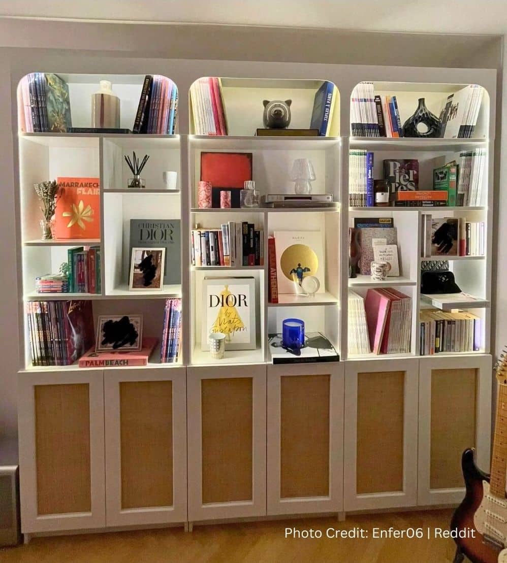 ikea billy bookcase hack with vertical dividers and ENKOPING raffia doors