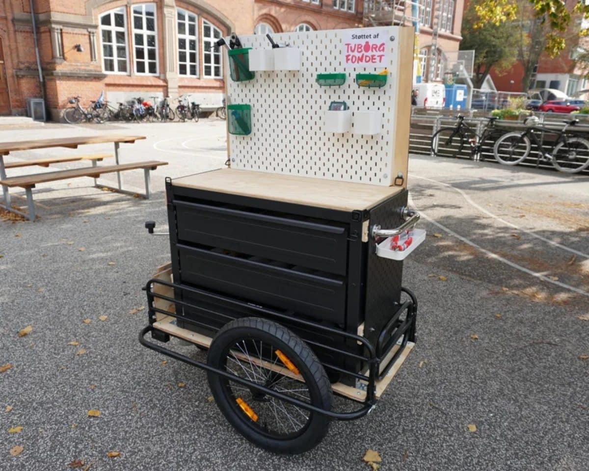 SKÅDIS pegboard attached to BROR cabinet and installed on bike trailer