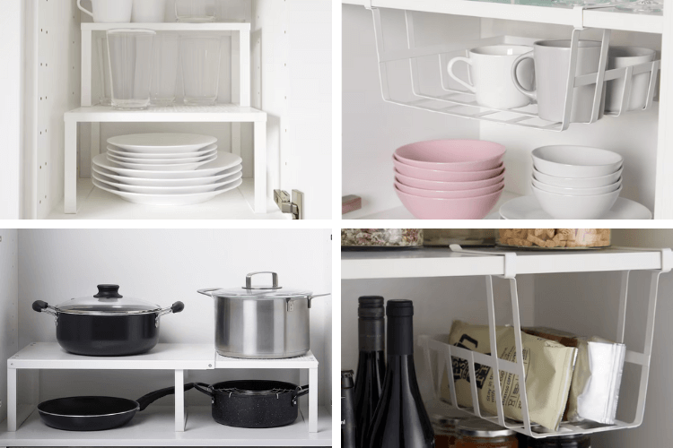 ikea-shelf-inserts-clip-on-baskets - IKEA Hackers VARIERA shelf inserts for tiered storage inside a kitchen cabinet