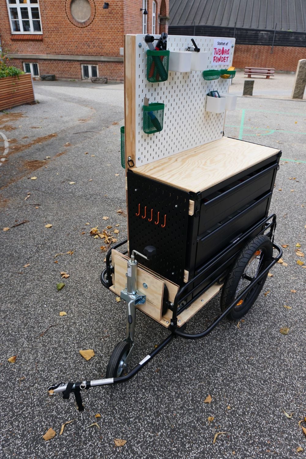 bike trailer with ikea bror workbench hacked for events and festivals attachable to bike