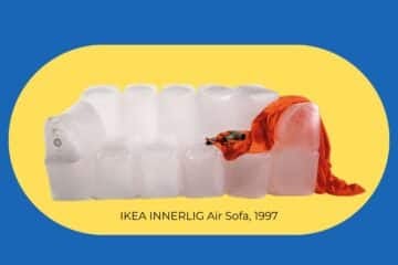 IKEA INNERLIG air sofa from 1997 against a solid yellow background