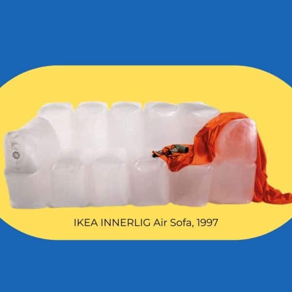 IKEA INNERLIG air sofa from 1997 against a solid yellow background