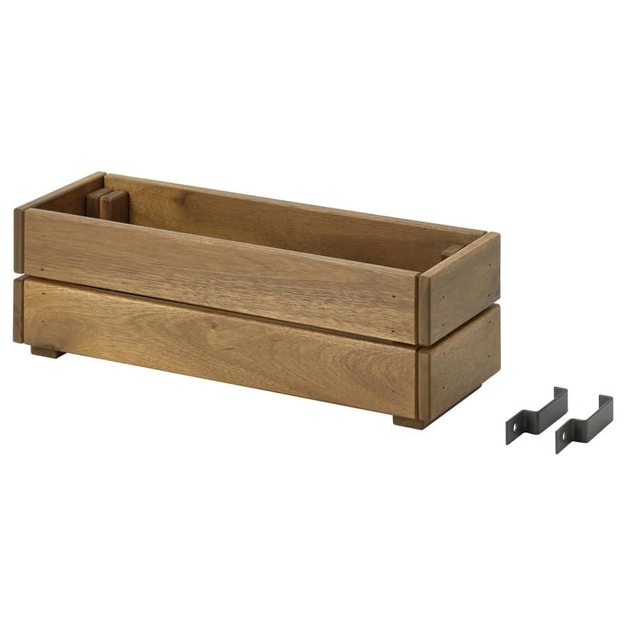 Wooden rectangular planter box with a natural brown finish and matching slats, plus two metal mounting brackets on the side.