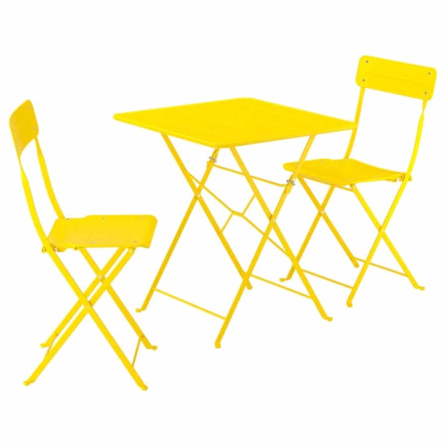 Bright yellow folding metal outdoor dining set with a square table and three chairs on white background.