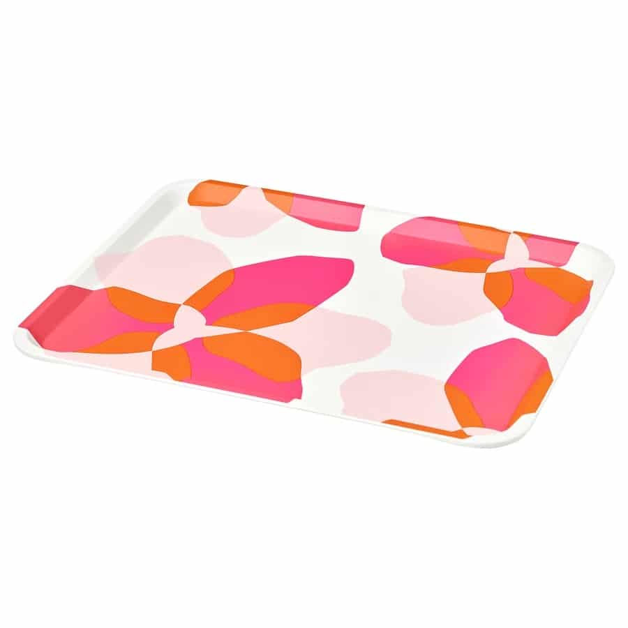 White rectangular serving tray with bold pink and orange abstract flower pattern.