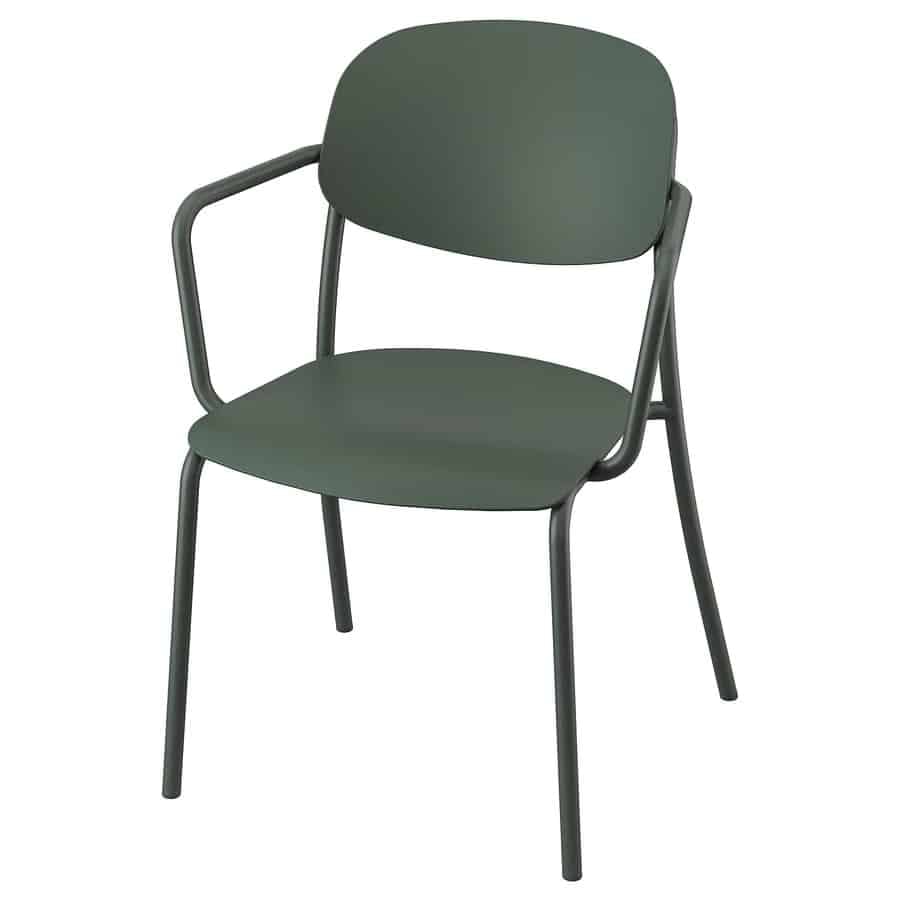 Dark green metal chair with curved back and integrated armrests.