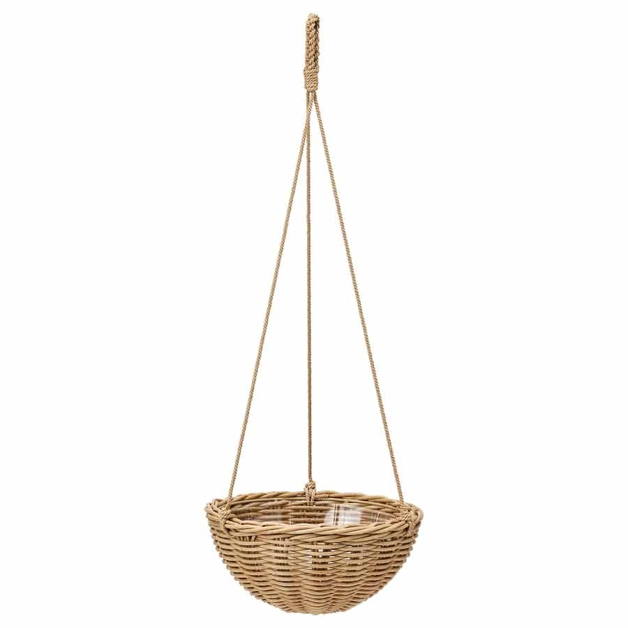 Hanging wicker basket with a glass liner suspended by three natural rope cords.