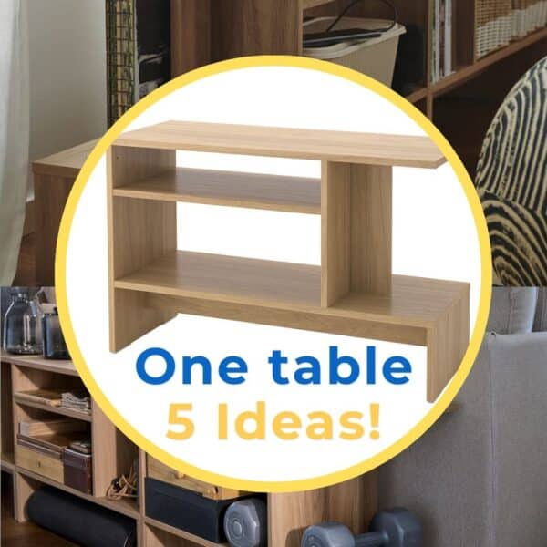 Cover image: text 'one table 5 ideas' over image of IKEA HOLMERUD side table in white oak against a montage of images of the side table used in homes