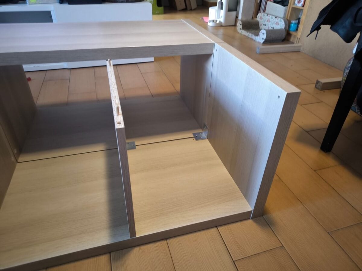 kallax large coffee table hack showing how to attach brackets to join two units together