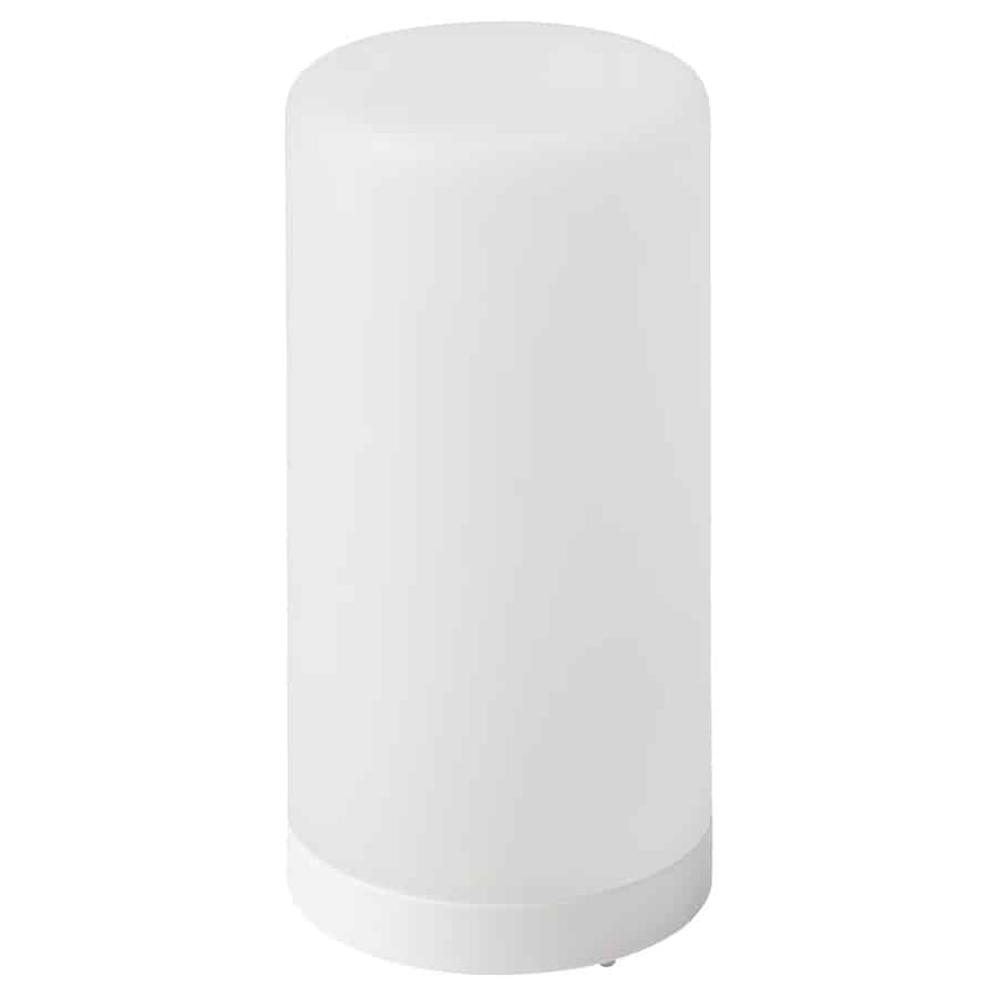 White cylindrical device with a smooth, rounded top and base, standing alone.