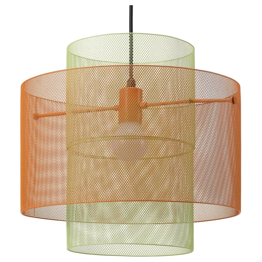 Multi-layered pendant light with orange and green mesh cylindrical shades hanging from a black cord.