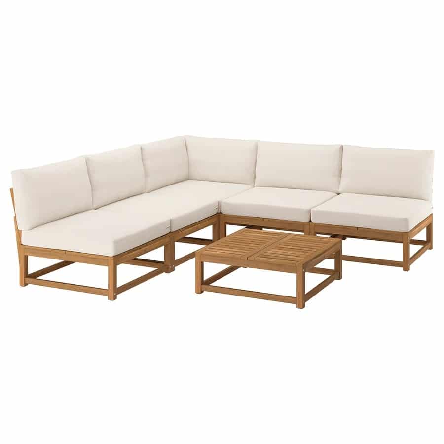 Outdoor wooden sectional sofa with white cushions and a matching wooden coffee table (patio set)