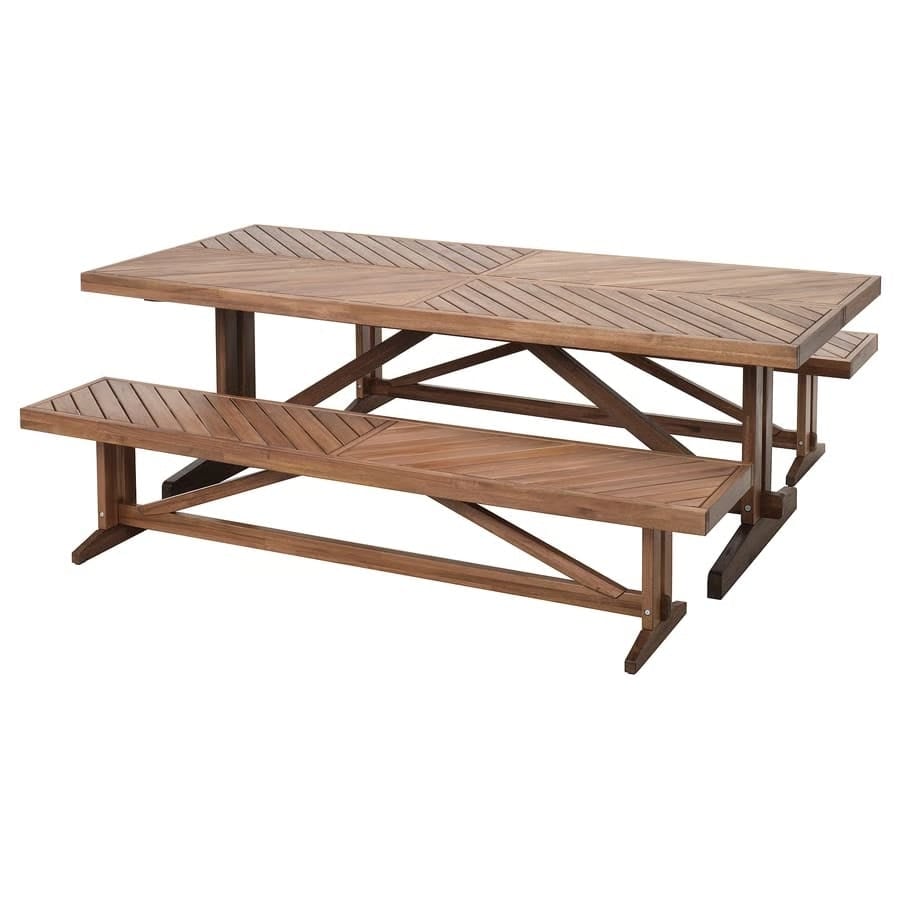 Wooden picnic table with attached benches and cross-brace supports