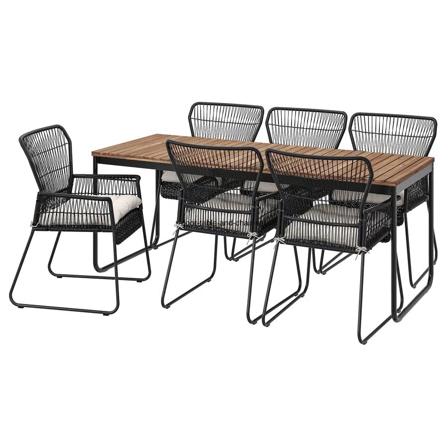 Outdoor six-seat dining set with a wooden slat tabletop and black metal frame, featuring woven rope-style chairs with cushions.