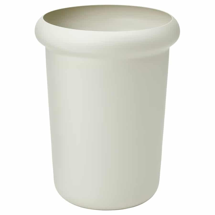 White disposable plastic cup with a wide rounded rim and open top, seen from the side