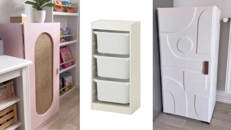 Left: pink child’s wardrobe with a rounded window-like panel in a playroom setting.