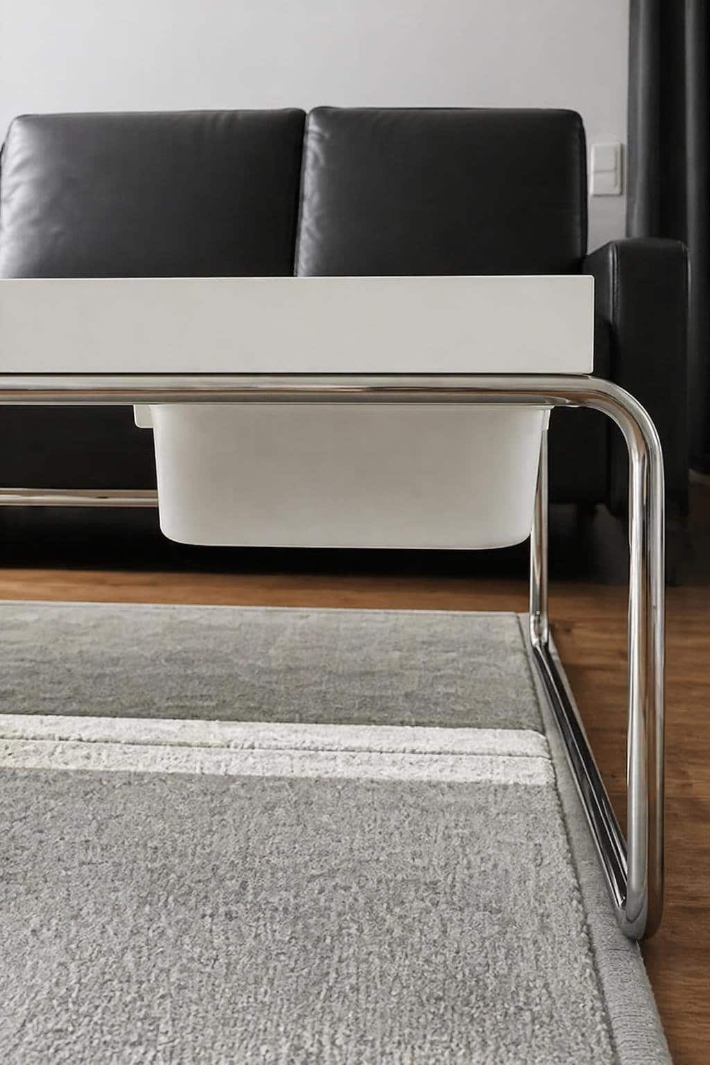 trofast bin affixed under table as a drawer