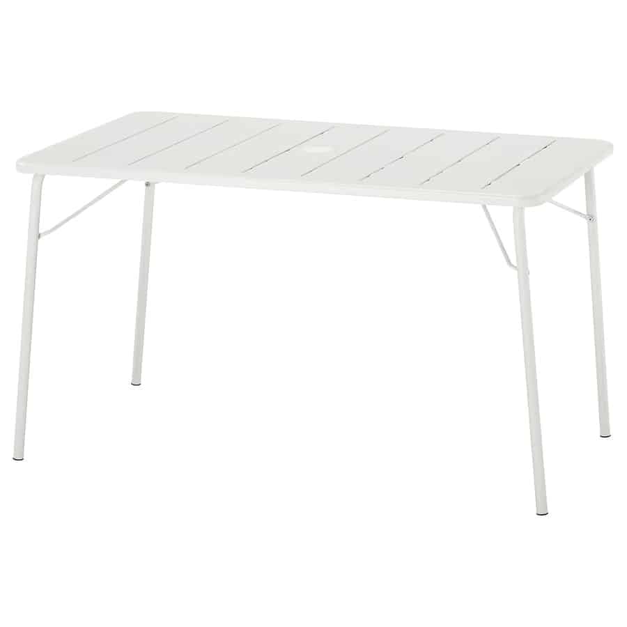 White rectangular folding table with a slatted top and four legs, suitable for outdoor use.