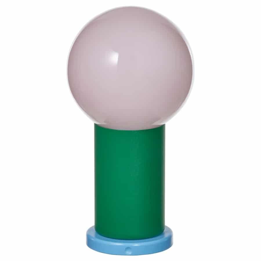 Colorful wooden peg toy with a pink sphere on a green post and blue base