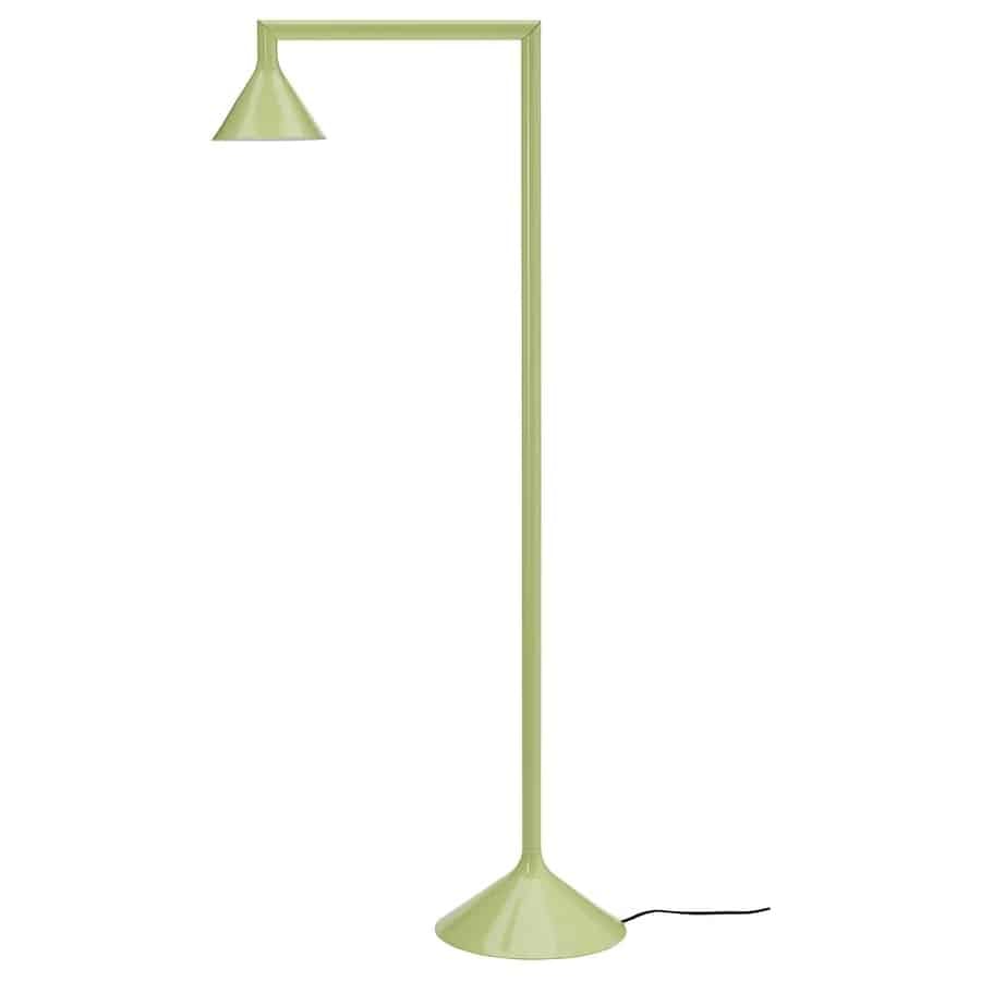 Tall green floor lamp with a horizontal arm and conical shade on the left side.