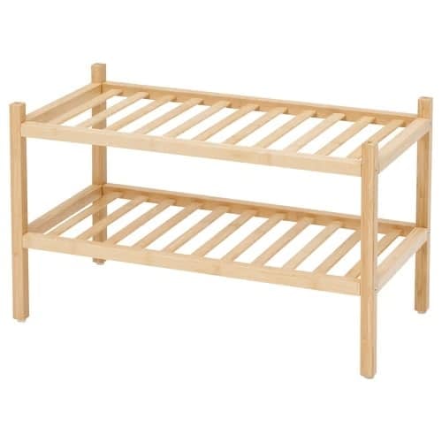11 - IKEA Hackers Two-tier wooden storage rack with slatted shelves and four legs in light wood finish.