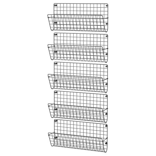 13 - IKEA Hackers Six identical metal wire baskets mounted on a wall, stacked vertically in a column.