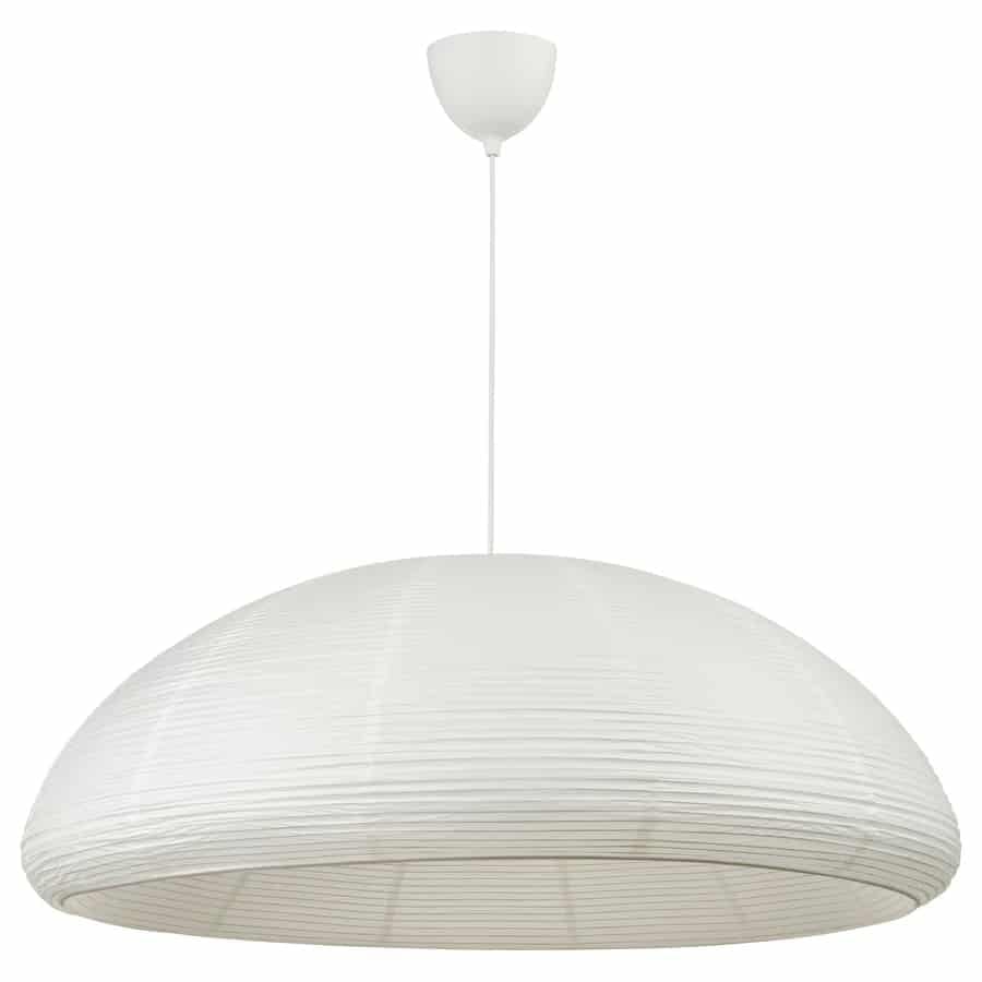 White dome-shaped pendant lamp hanging from a cord, with a ribbed, paper-like shade.