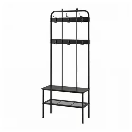 14 - IKEA Hackers Tall black hall tree with coat hooks, a top shelf, and a lower shelf beneath a bench (entryway coat rack)