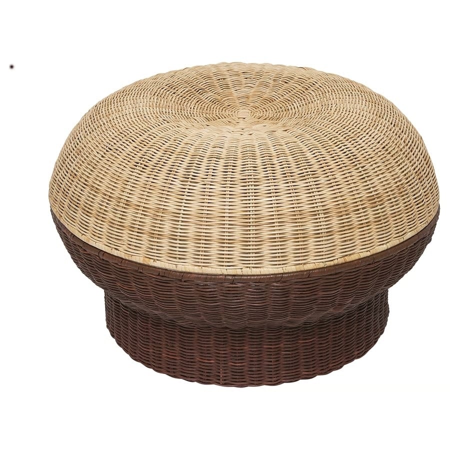 Round two-tone woven rattan ottoman with a domed lid, beige top and dark brown base.