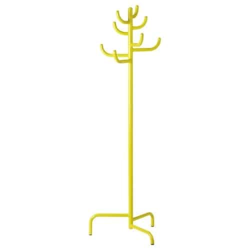15 - IKEA Hackers Yellow freestanding coat rack with multiple curved hooks at the top and a four-legged base.