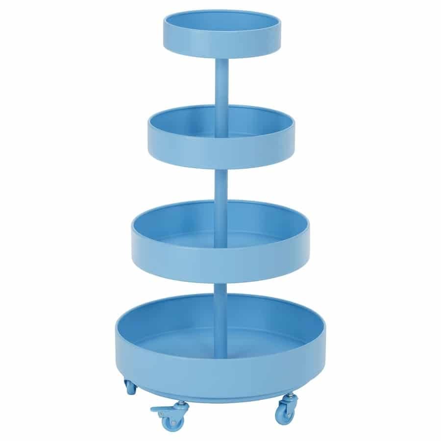 Blue four-tier rolling service cart with circular shelves on wheels and a central support pole.